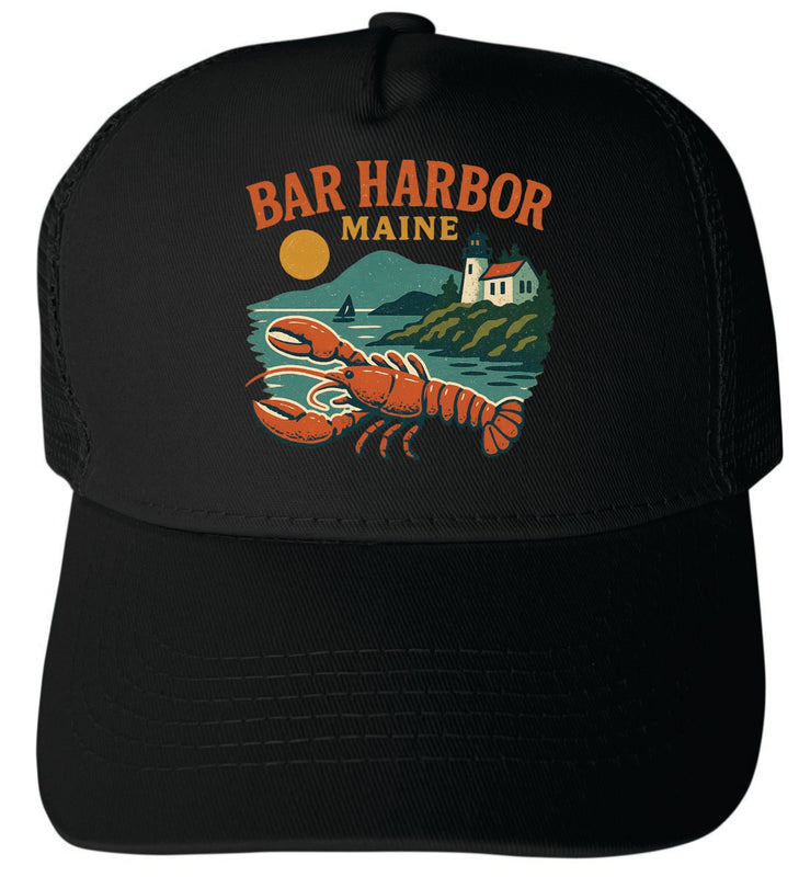 Bar Harbor Maine Vintage Design Black Unisex Mesh Back Trucker Hat with Adjustable Snapback Black