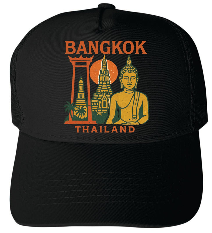 Bangkok Thailand Vintage Design Black Unisex Mesh Back Trucker Hat with Adjustable Snapback Black