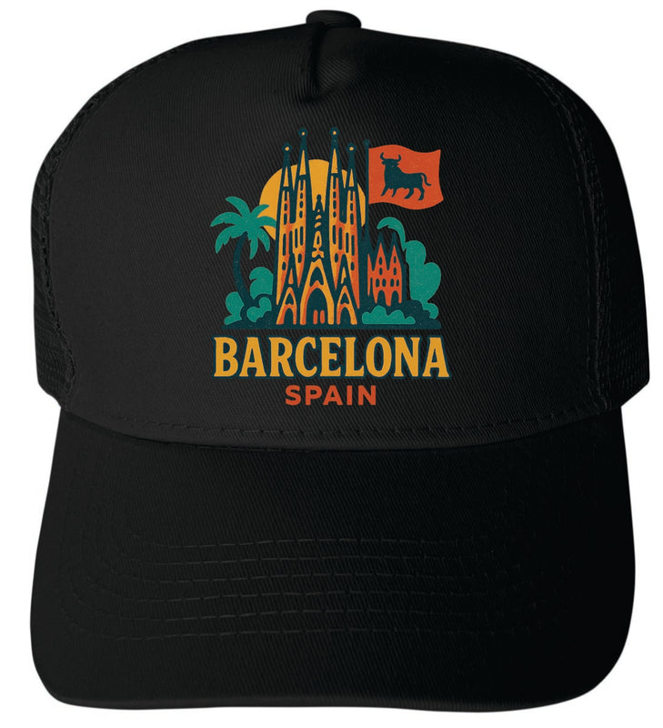 Barcelona Spain Vintage Design Black Unisex Mesh Back Trucker Hat with Adjustable Snapback Black