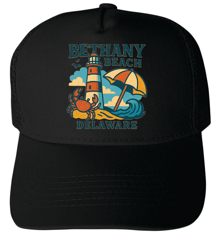 Bethany Beach Delaware Vintage Design Black Unisex Mesh Back Trucker Hat with Adjustable Snapback Black