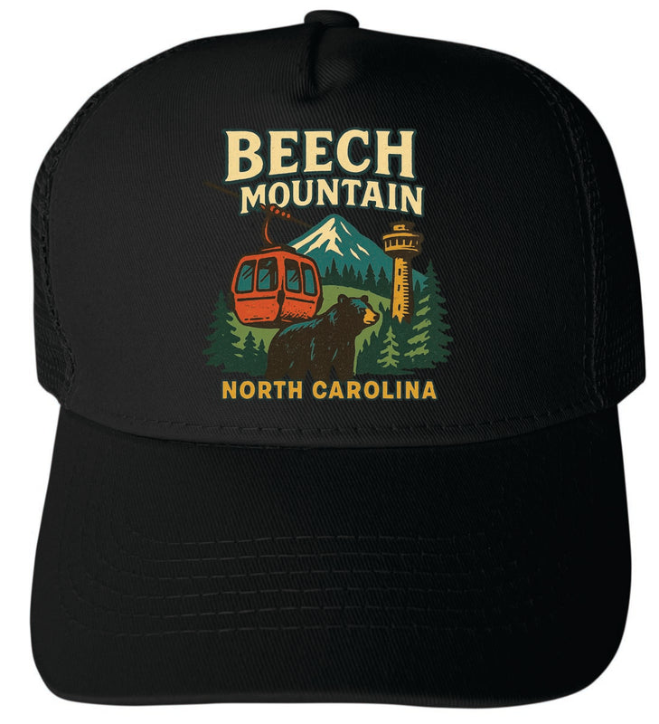 Beech Mountain North Carolina Vintage Design Black Unisex Mesh Back Trucker Hat with Adjustable Snapback Black
