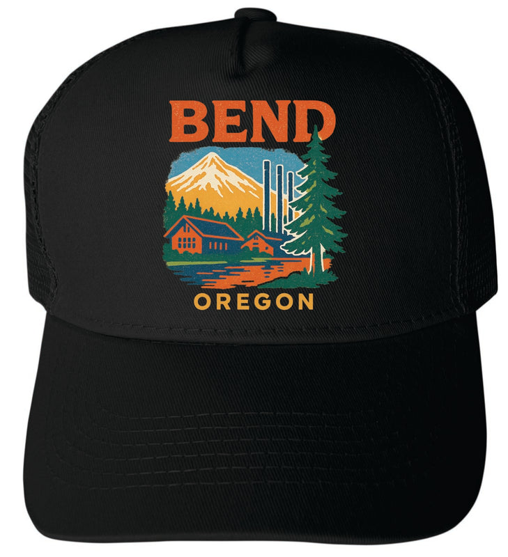Bend Oregon Vintage Design Black Unisex Mesh Back Trucker Hat with Adjustable Snapback Black