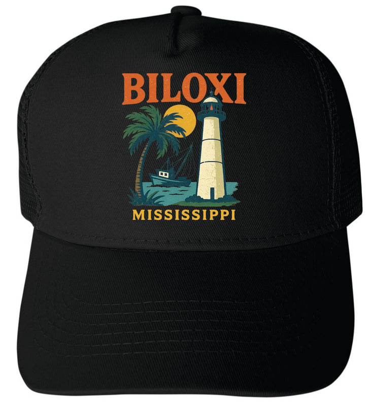 Biloxi Mississippi Vintage Design Black Unisex Mesh Back Trucker Hat with Adjustable Snapback Black