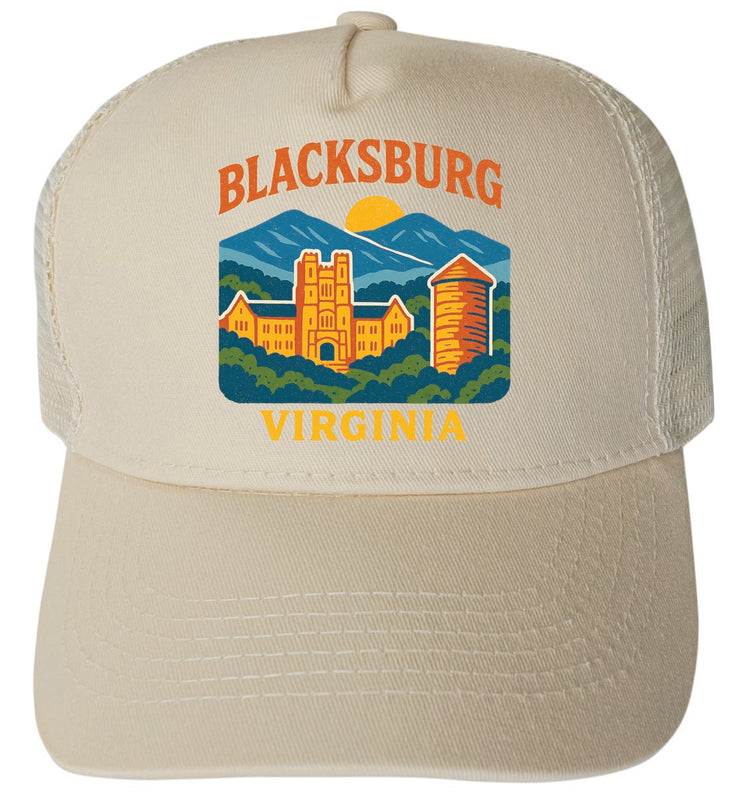 Blacksburg Virginia Vintage Design Cream Unisex Mesh Back Trucker Hat with Adjustable Snapback Cream