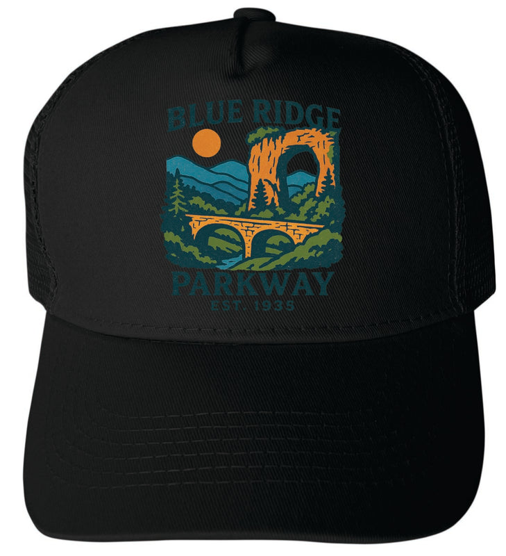 Blue Ridge Parkway Vintage Design Black Unisex Mesh Back Trucker Hat with Adjustable Snapback Black