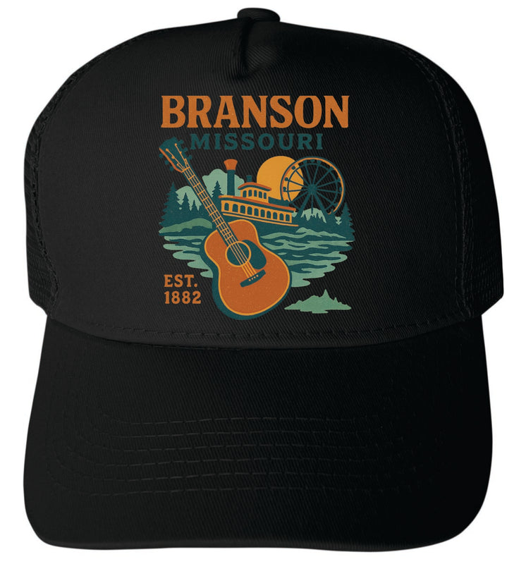Branson Missouri Vintage Design Black Unisex Mesh Back Trucker Hat with Adjustable Snapback Black