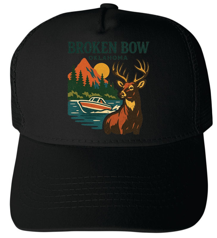 Broken Bow Oklahoma Vintage Design Black Unisex Mesh Back Trucker Hat with Adjustable Snapback Black