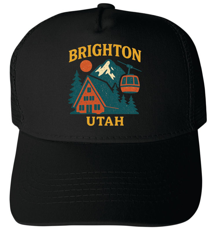 Brighton Utah Vintage Design Black Unisex Mesh Back Trucker Hat with Adjustable Snapback Black