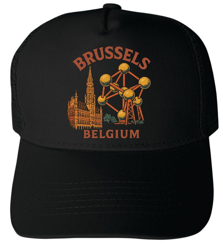 Brussels Belgium Vintage Design Black Unisex Mesh Back Trucker Hat with Adjustable Snapback Black