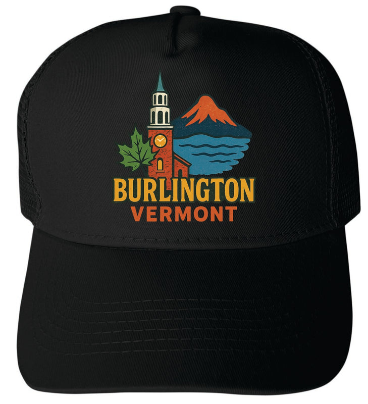 Burlington Vermont Vintage Design Black Unisex Mesh Back Trucker Hat with Adjustable Snapback Black