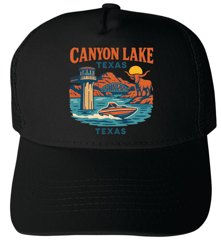 Canyon Lake Texas Vintage Design Black Unisex Mesh Back Trucker Hat with Adjustable Snapback Black