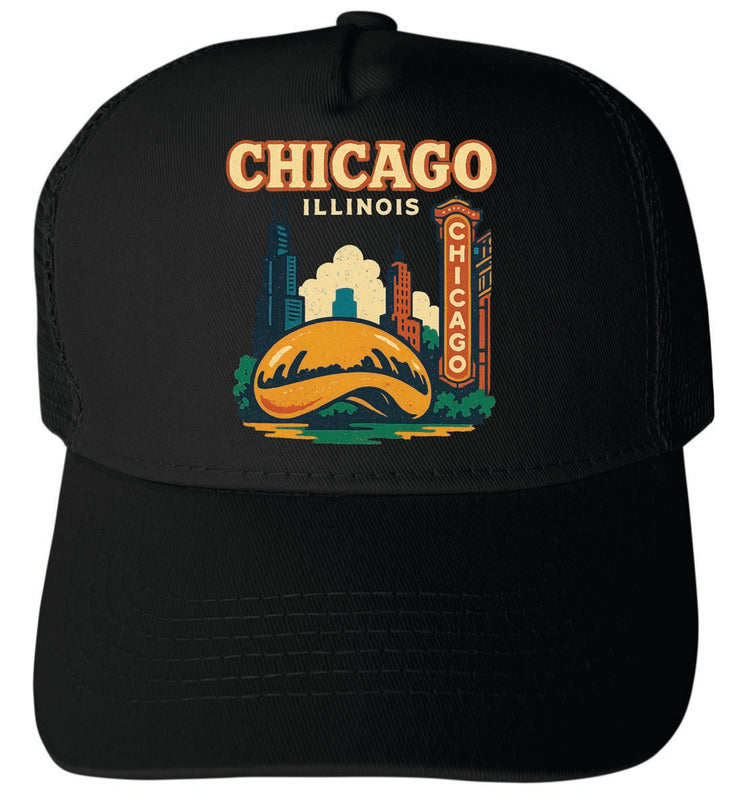 Chicago Illinois Vintage Design Black Unisex Mesh Back Trucker Hat with Adjustable Snapback Black