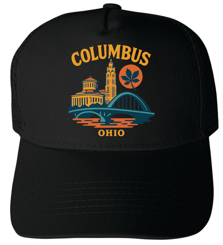 Columbus Ohio Vintage Design Black Unisex Mesh Back Trucker Hat with Adjustable Snapback Black