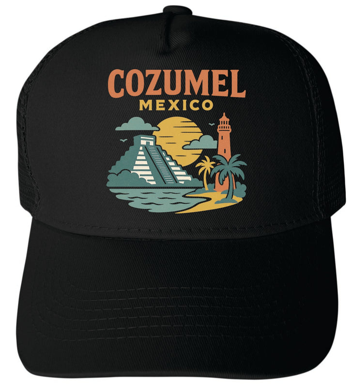 Cozumel Mexico Vintage Design Black Unisex Mesh Back Trucker Hat with Adjustable Snapback Black