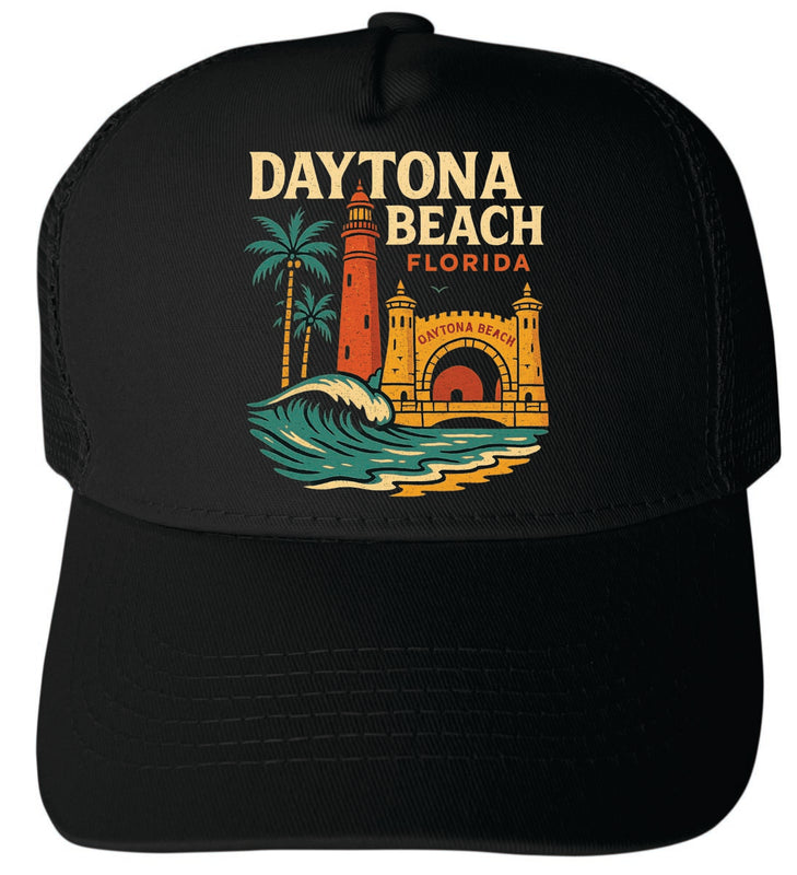 Daytona Beach Florida Vintage Design Black Unisex Mesh Back Trucker Hat with Adjustable Snapback Black