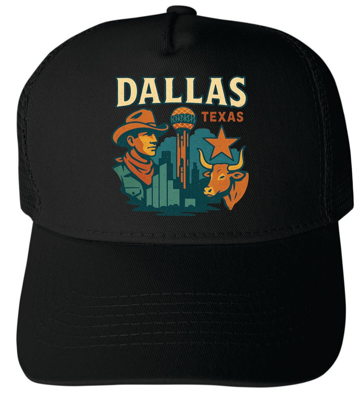 Dallas Texas Vintage Design Black Unisex Mesh Back Trucker Hat with Adjustable Snapback Black