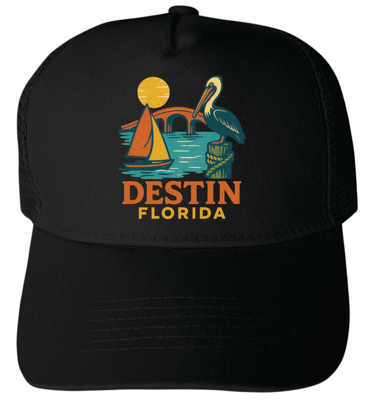 Destin Florida Vintage Design Black Unisex Mesh Back Trucker Hat with Adjustable Snapback Black