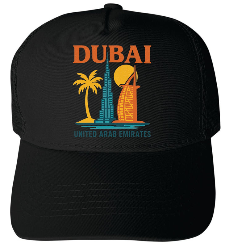Dubai United Arab Emirates Vintage Design Black Unisex Mesh Back Trucker Hat with Adjustable Snapback Black