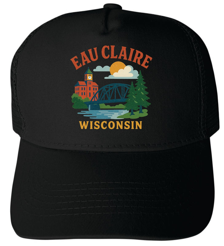 Eau Claire Wisconsin Vintage Design Black Unisex Mesh Back Trucker Hat with Adjustable Snapback Black