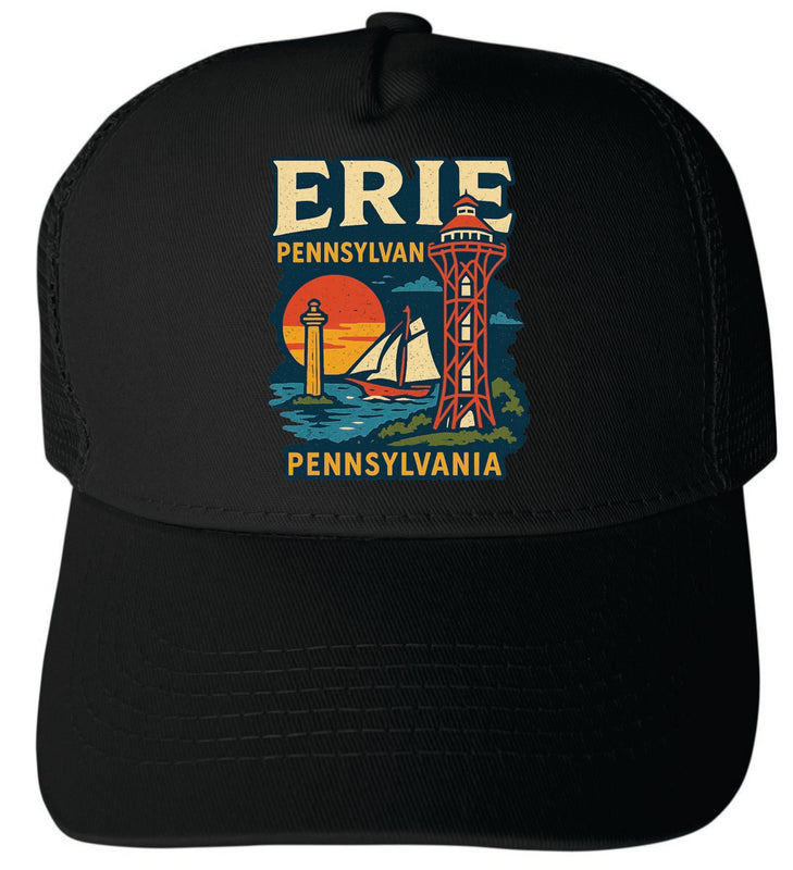 Erie Pennsylvania Vintage Design Black Unisex Mesh Back Trucker Hat with Adjustable Snapback Black