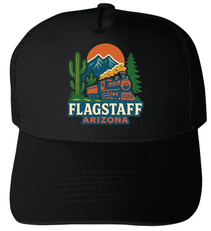Flagstaff Arizona Vintage Design Black Unisex Mesh Back Trucker Hat with Adjustable Snapback Black