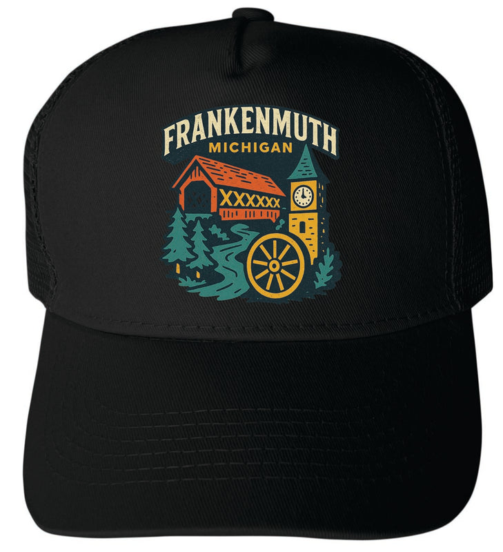 Frankenmuth Michigan Vintage Design Black Unisex Mesh Back Trucker Hat with Adjustable Snapback Black