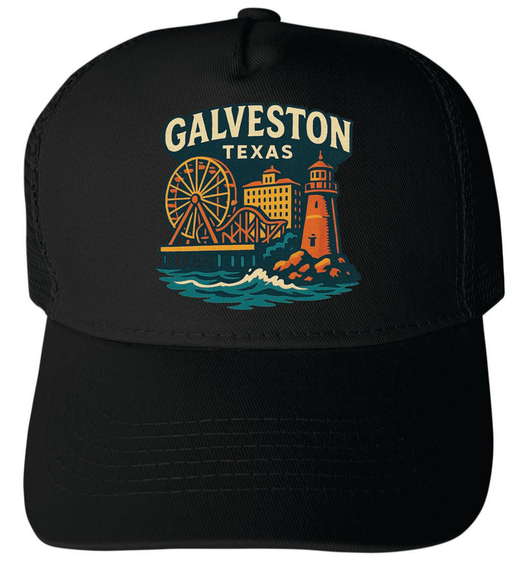 Galveston Texas Vintage Design Black Unisex Mesh Back Trucker Hat with Adjustable Snapback Black