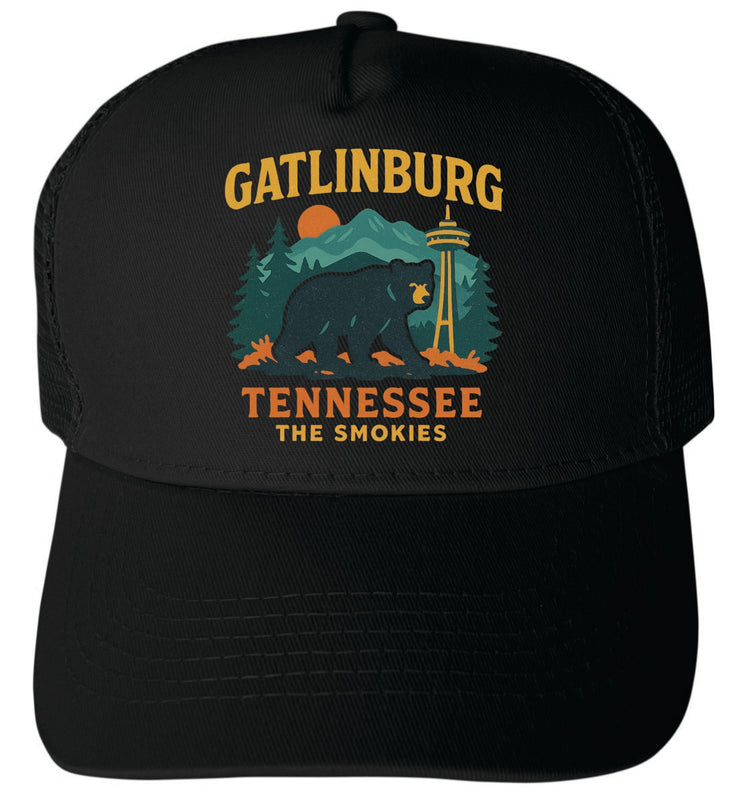 Gatlinburg Tennessee Vintage Design Black Unisex Mesh Back Trucker Hat with Adjustable Snapback Black