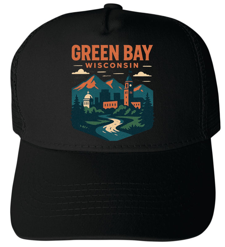 Green Bay Wisconsin Vintage Design Black Unisex Mesh Back Trucker Hat with Adjustable Snapback Black
