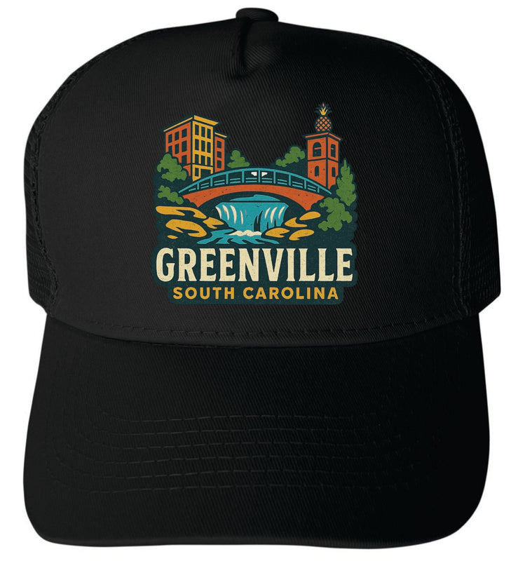 Greenville South Carolina Vintage Design Black Unisex Mesh Back Trucker Hat with Adjustable Snapback Black