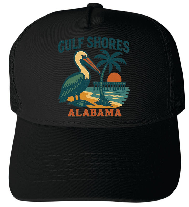 Gulf Shores Alabama Vintage Design Black Unisex Mesh Back Trucker Hat with Adjustable Snapback Black
