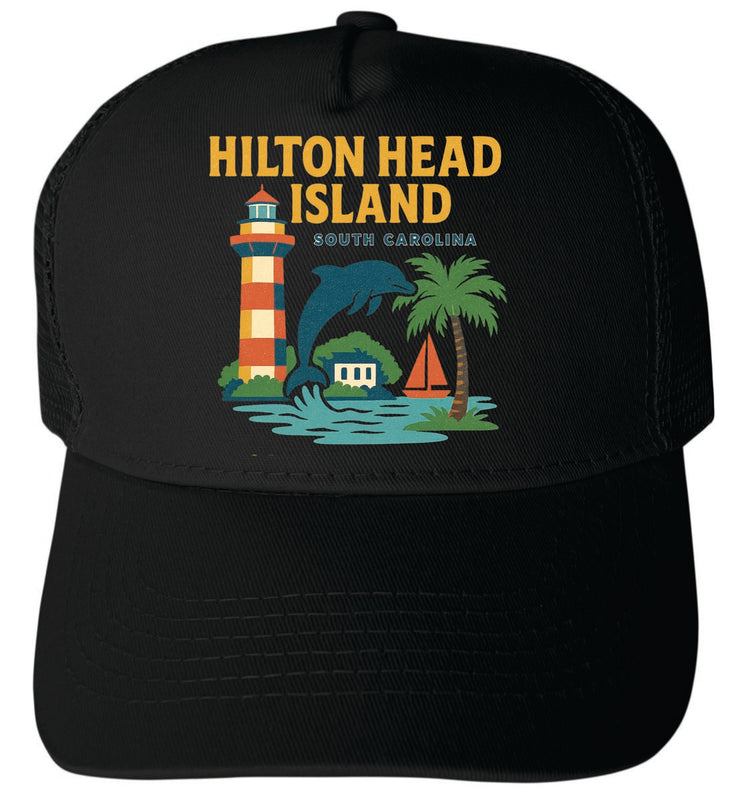 Hilton Head Island South Carolina Vintage Design Black Unisex Mesh Back Trucker Hat with Adjustable Snapback Black