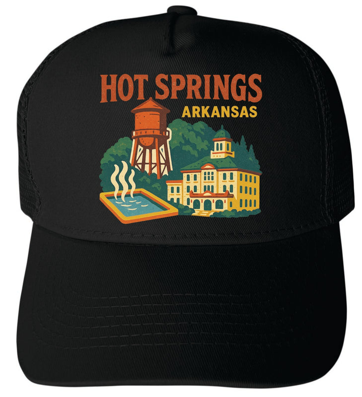 Hot Springs Arkansas Vintage Design Black Unisex Mesh Back Trucker Hat with Adjustable Snapback Black