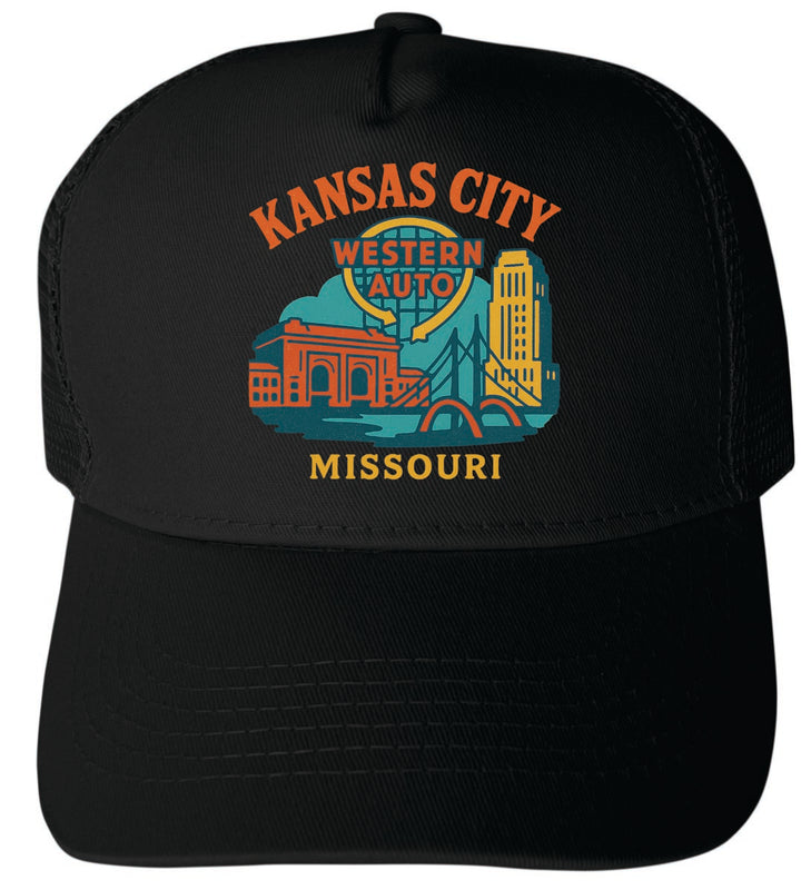 Kansas City Missouri Vintage Design Black Unisex Mesh Back Trucker Hat with Adjustable Snapback Black