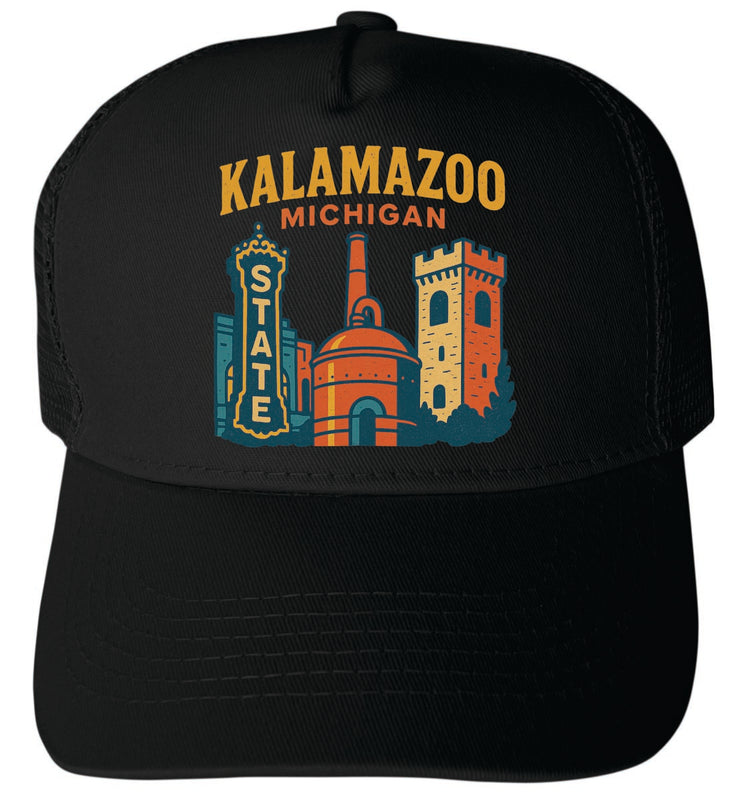 Kalamazoo Michigan Vintage Design Black Unisex Mesh Back Trucker Hat with Adjustable Snapback Black