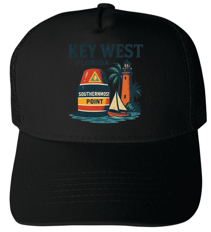 Key West Florida Vintage Design Black Unisex Mesh Back Trucker Hat with Adjustable Snapback Black