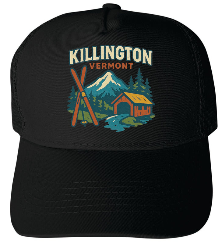 Killington Vermont Vintage Design Black Unisex Mesh Back Trucker Hat with Adjustable Snapback Black