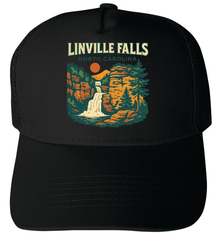 Linville Falls North Carolina Vintage Design Black Unisex Mesh Back Trucker Hat with Adjustable Snapback Black