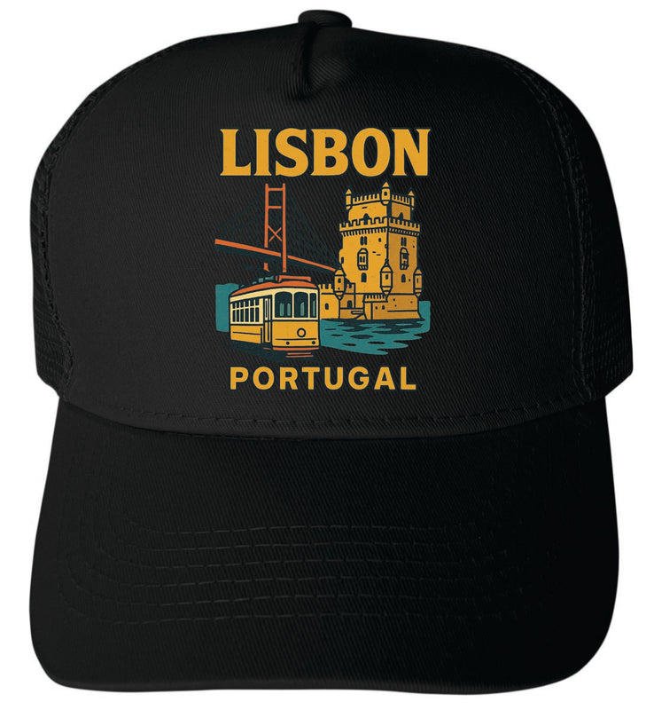 Lisbon Portugal Vintage Design Black Unisex Mesh Back Trucker Hat with Adjustable Snapback Black