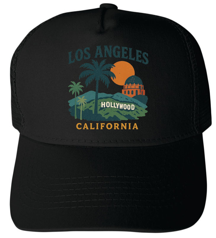 Los Angeles California Vintage Design Black Unisex Mesh Back Trucker Hat with Adjustable Snapback Black