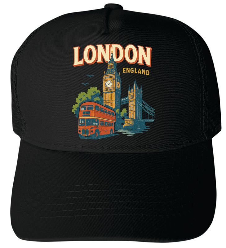 London England Vintage Design Black Unisex Mesh Back Trucker Hat with Adjustable Snapback Black