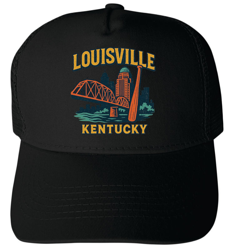Louisville Kentucky Vintage Design Black Unisex Mesh Back Trucker Hat with Adjustable Snapback Black