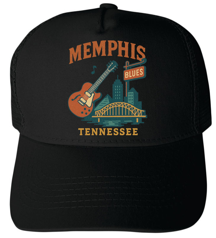 Memphis Tennessee Vintage Design Black Unisex Mesh Back Trucker Hat with Adjustable Snapback Black