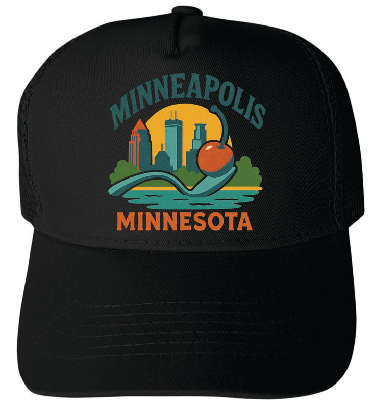 Minneapolis Minnesota Vintage Design Black Unisex Mesh Back Trucker Hat with Adjustable Snapback Black