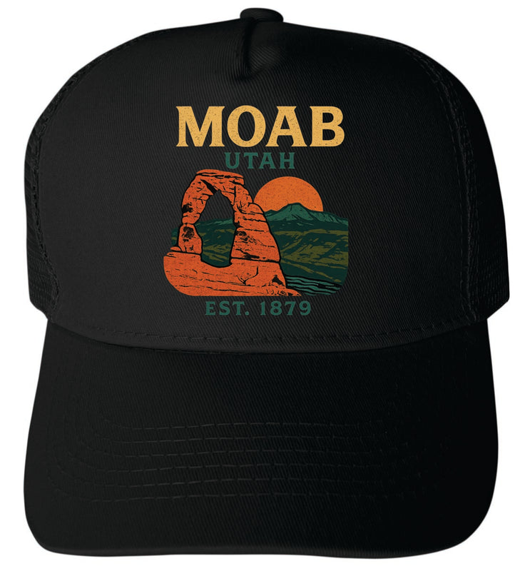 Moab Utah Vintage Design Black Unisex Mesh Back Trucker Hat with Adjustable Snapback Black