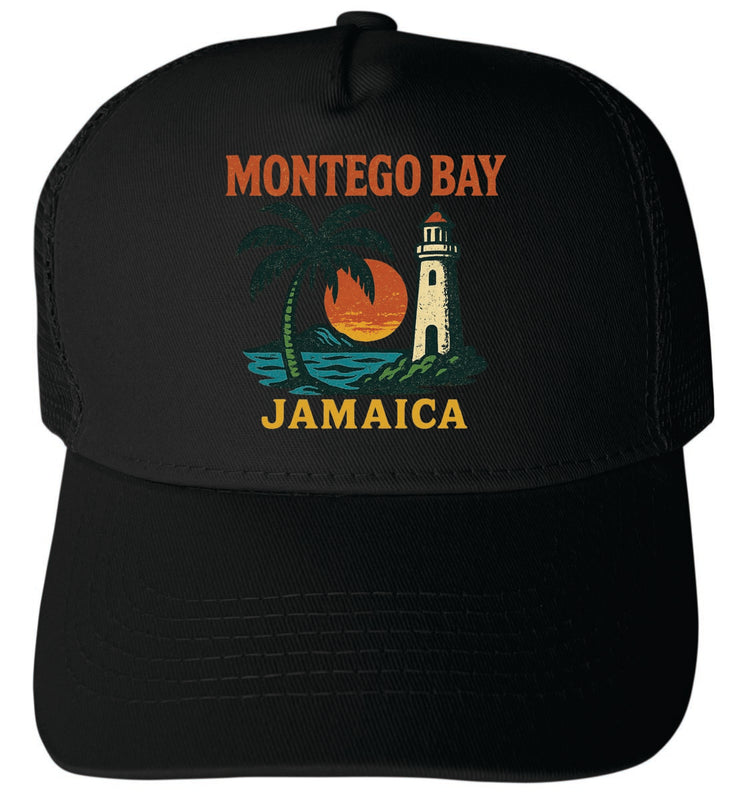 Montego Bay Jamaica Vintage Design Black Unisex Mesh Back Trucker Hat with Adjustable Snapback Black