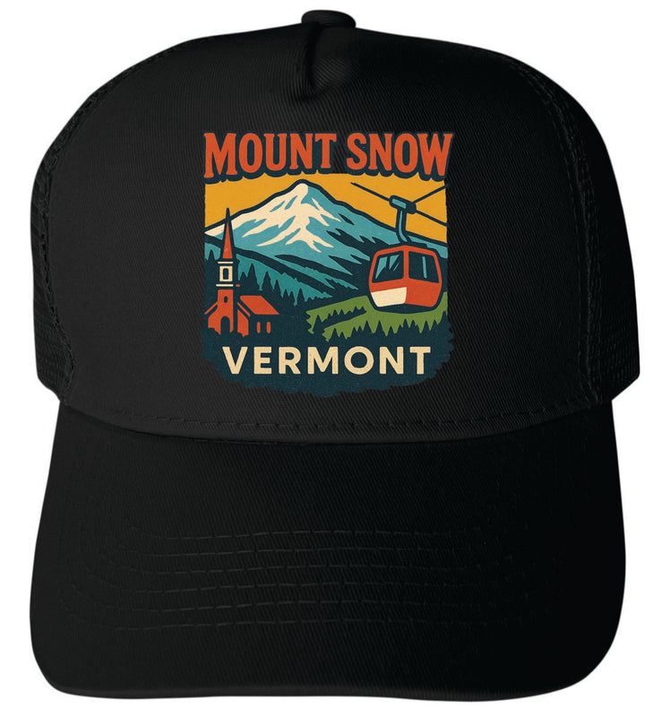 Mount Snow Vermont Vintage Design Black Unisex Mesh Back Trucker Hat with Adjustable Snapback Black