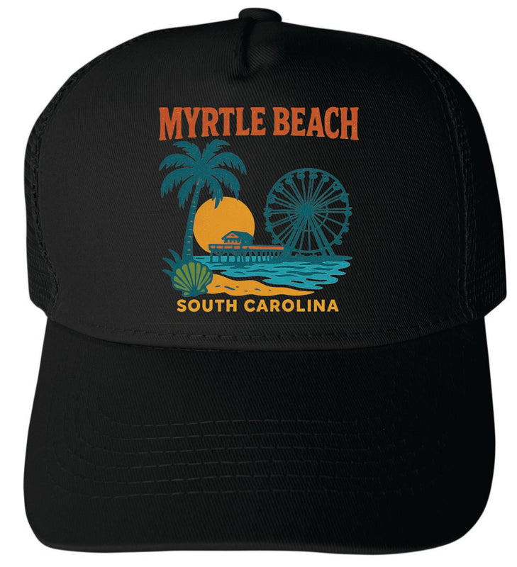 Myrtle Beach South Carolina Vintage Design Black Unisex Mesh Back Trucker Hat with Adjustable Snapback Black