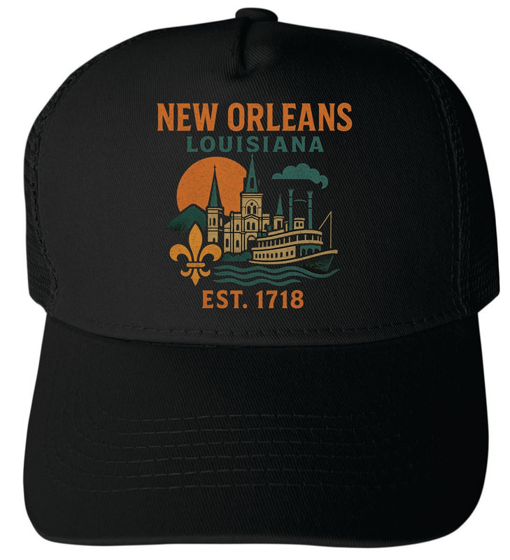 New Orleans Louisiana Vintage Design Black Unisex Mesh Back Trucker Hat with Adjustable Snapback Black