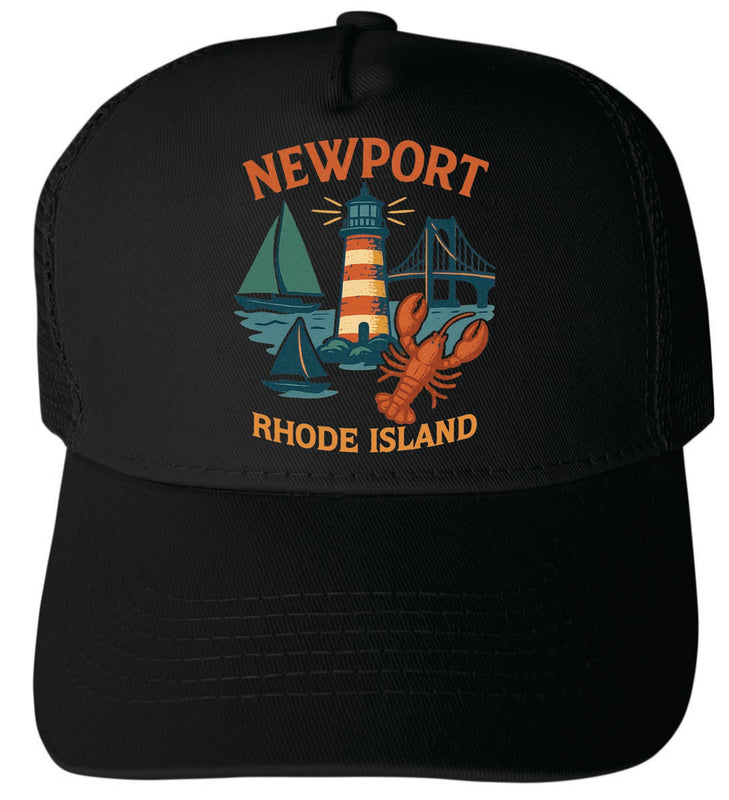 Newport Rhode Island Vintage Design Black Unisex Mesh Back Trucker Hat with Adjustable Snapback Black